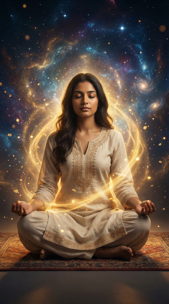 Firefly GeminiFlash A Beautiful Modern Indian Girl Meditating With Eyes Closed Surrounded By Bright Gold 958815 572x1024