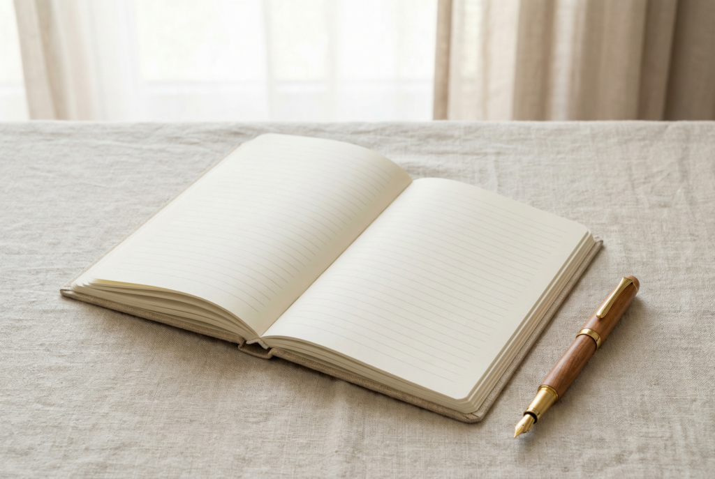 firefly geminiflash minimalist aesthetic flat lay mockup of an open linen journal with blank lined pages 988061